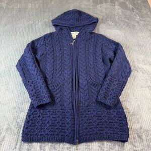 Aran Mor Ireland Merino Wool Cable Knit Zip Up Hooded Sweater Womens S